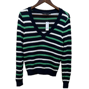 🌼5/$25 Sale🌼 White House Black Market Navy White Green V-Neck Sweater NWT